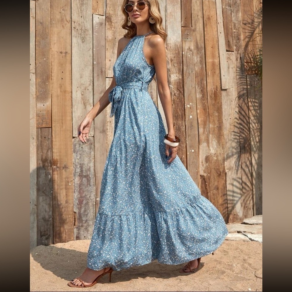 Baby Blue Bohemian Ditsy Floral Ruffle Hem Halter Belted Dress